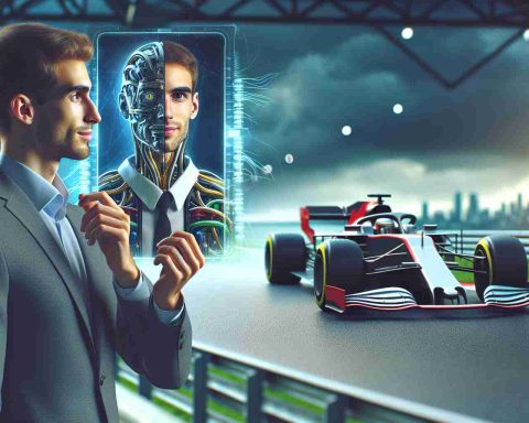 Realistic HD image depicting the thrilling concept of a prominent tech entrepreneur showing interest in Formula 1. Capture this scenario through a symbolic representation of this possibility, for instance a man with the physical build of a tech entrepreneur overlooking a Formula 1 racing scene with an intrigued expression.