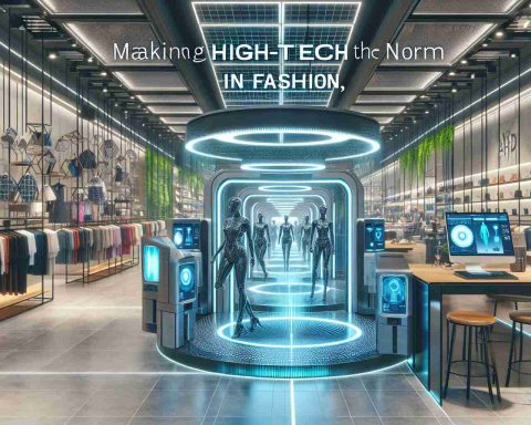 A highly detailed and realistic image illustrating the concept of a forward-thinking approach to tech in fashion. The scene is set within a modern, bustling fashion retail store with advanced technology equipment such as 3D body scanners, virtual fitting rooms, and automated checkout systems. Emphasize on the fusion of tech and fashion, suggesting that making high-tech the norm in fashion is a feasible mission.