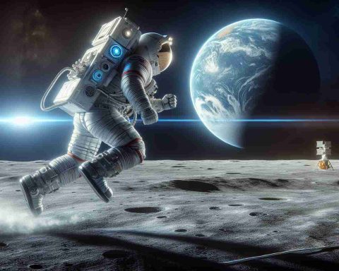 A highly detailed and realistic image of a male astronaut, of unspecific ethnic descent, taking a significant leap on the surface of the moon. The futuristic equipment and technology symbolize the next stage of lunar exploration. The sky around him is filled with the darkness of space and the earth seen from afar. The scene encapsulates the phrase 'A Giant Leap Forward'.