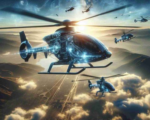 Create a high-resolution image of the future of helicopters. The scene should demonstrate innovative designs with cutting-edge technology integrated into the helicopters, making them more efficient and capable than ever before. They should be displayed soaring in the sky, indicating progress and the sheer height of human ambition in aeronautical engineering.