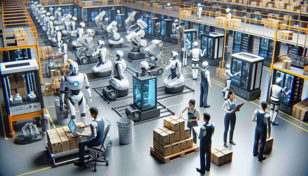 Realistic high-definition image illustrating the concept of 'The Future of Work'. There are several autonomous robots carrying out a variety of tasks, such as operating machinery, sorting packages, and digitally designing plans. Amidst the robots, there are also human supervisors of diverse descents and genders, observed, taking notes, and guiding the robots, embodying a potential future where humans and robots interactively participate in the labor force.