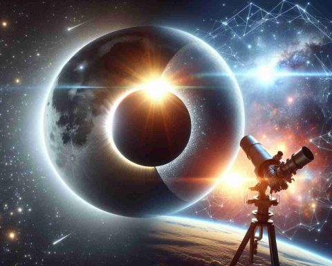 A high-definition, realistic depiction of two intersecting themes. Firstly, a phenomenon of a solar eclipse, captured in all its celestial glory with the moon passing before the sun, casting a dramatic shadow on Earth. Shadows are deep and tangible, sunlight peeking around the silhouette of the moon with radiant solar flares visible. Secondly, depict a visual metaphor of artificial intelligence altering the landscape of stargazing. You could represent this through futuristic telescopes that seem to operate autonomously, or constellations seen in ways humans couldn't perceive without technological aid.