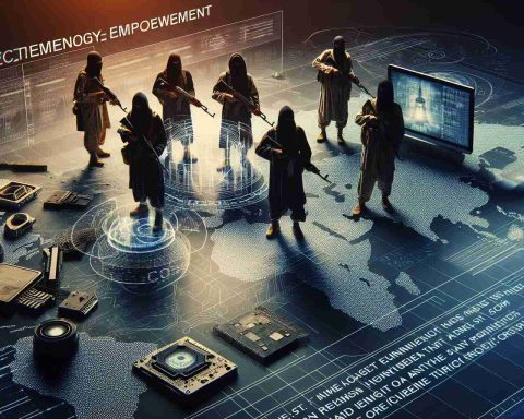 An HD photo depiction that captures the concept of increased technology empowerment among extremist groups. The concept in focus is the rise of such groups in a region, represented symbolically, without any referential territory or specific group. The image should be Realistic and feature elements like technological devices, codes, blueprints, and anonymous figures engaged in covert activities.