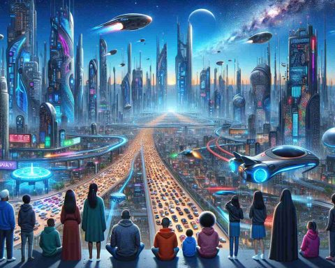 Incredible detail and vibrant colors define this HD illustration that hypothesizes the future. Imagine it's the 14th of December in 2024. The image captures a futuristic cityscape under a deep blue sky, dotted with soaring towers, hovering vehicles, roads bustling with electric autos, and people incorporating wearable tech. The foreground has a diverse group of men, women, and children of various descents - Caucasian, Hispanic, Black, Middle-Eastern, South Asian - amazedly viewing the unfolding of this futuristic world. This is a visually thrilling rendition of what future might hold.