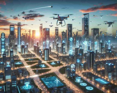 High-definition, realistic rendering of a futuristic vision of observation technology. Picture this: In a modern smart city, new age tech tools bring unprecedented changes. One could see autonomous drones carrying sensors, flying across the city skyline, as they monitor traffic patterns, pollution levels, and weather conditions. Impressive buildings of the city are fitted with AI-equipped surveillance systems, emitting a soft glow. In the streets, pedestrians with wearable tech, like augmented reality glasses, are going on about their daily lives, creating an interconnected network of real-time data sharing and analysis. All of this is under an ethereal blend of twilight sky showcasing the harmony of nature and technology.