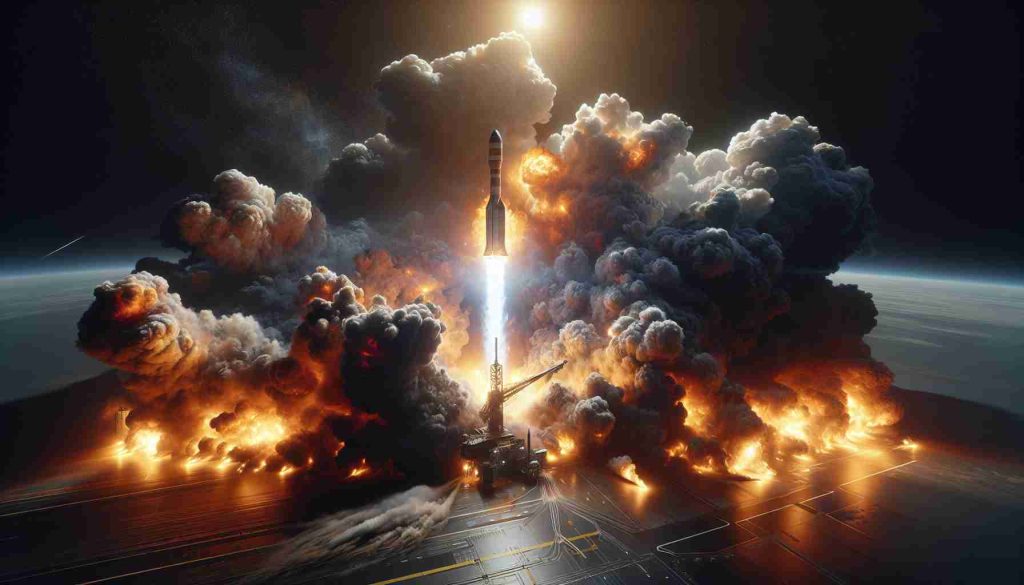 High-definition realistic image portraying the tumultuous scene during a spaceship's launch. The depicted spacecraft resembles a commercial space exploration project's design. Amid the intense flames and exhaust cloud, there's a clear sign of something not going according to plan, making the audience question what exactly went wrong during the launch.