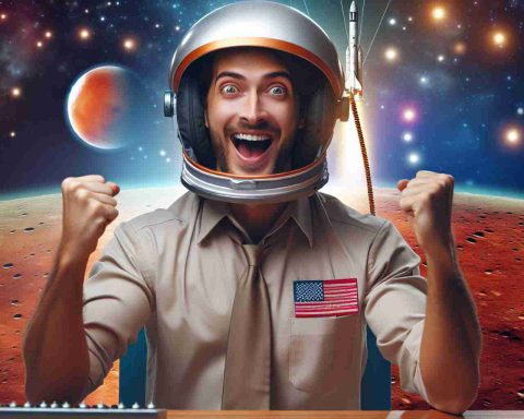 Depict a realistic, high-definition image celebrating a historic space mission to Mars. Focus on the excitement of the moment, filled with anticipation, curiosity, and thrill. Show an unidentified space enthusiast reacting exuberantly to the momentous occasion.