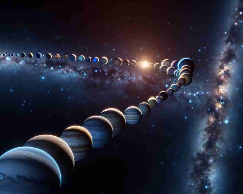 A high-resolution, realistic image capturing a spectacular planetary parade in the night sky. The picture demonstrates the cosmic performance, with many planets clearly visible and aligned on a path across the sky, portraying an unforgettable celestial spectacle. The planets display a dazzling array of colors and sizes, shimmering brightly under the cover of darkness.