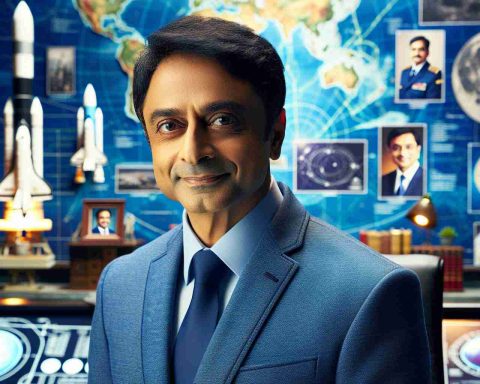 High-resolution image capturing the new personnel leading the Indian Space Research Organisation! Get a glimpse of the visionary responsible for spearheading India's space exploration efforts. He is a middle-aged South Asian man, characterized by a determined gaze and an unwavering smile. He is outfitted in a crisp, blue suit, symbolic of the vast skies he hopes to explore. In the background, a vibrant display of maps of space, blueprints of rockets, and other space exploration paraphernalia contribute to the inspirational mood.