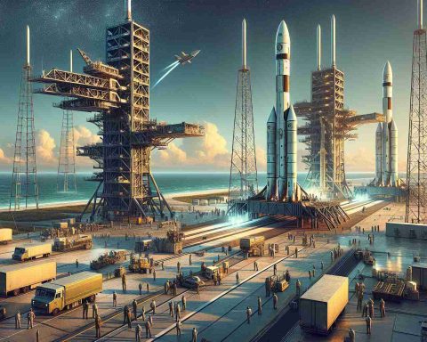 Detailed, high-definition depiction of the scene as Cape Canaveral gears up for two major rocket launches, displaying a sense of anticipation and excitement. Illustrate the rockets being prepped on their launch pads, the hustle and bustle of engineers and technicians at work, the wide, open sky waiting to be pierced by the rockets, and the surrounding landscape with the roaring ocean in the background.