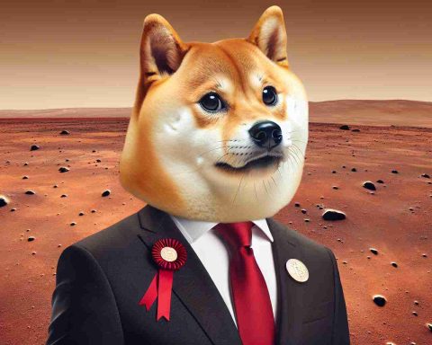 Realistic HD photo of a prominent politician's bold pledge: a Shiba Inu, the dog breed associated with Dogecoin, symbolically placed on the surface of Mars.