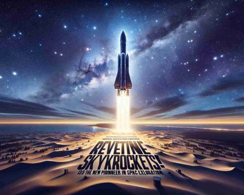 A hyper-realistic high-definition illustration. The scene captures the moment of a rocket soaring into a dazzling sky full of stars. The point of view is from the ground, looking up at the night sky. The rocket is stylized, but distinctively futuristic, symbolizing the future of space exploration. In the foreground, bold lettering rises from the horizon announcing 'Revenue Skyrockets!' Below it, another phrase asks 'Is The New Pioneer in Space Exploration Changing the Game?' The image captures a sense of awe, excitement, and the infinite possibilities of space exploration.