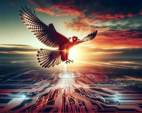 Generate a realistic High Definition image of a falcon landing, embodying the idea of technological progress. The scene represents a breakthrough in the horizon of technology that redefines the future. The colour red should be prominent, symbolizing energy and innovation.