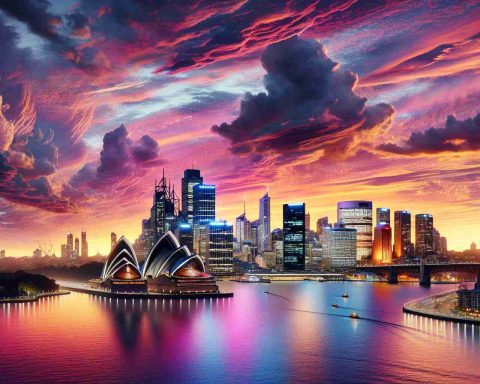 Realistic, high-definition image of a simulated sunset taking place in Sydney. The artificial sunset is a technological marvel, and it's drastically altering the conventional perception of daylight in the city. The sky is painted with a beautiful spectrum of colors: tints of orange, pink, and purple masterfully blending together. The majestic Sydney Opera House and the Harbour Bridge silhouette against this stunning backdrop. The city skyline casts enchanting reflections on the vibrant harbor water, and bystanders awed by the breathtaking view are scattered around the harbor.