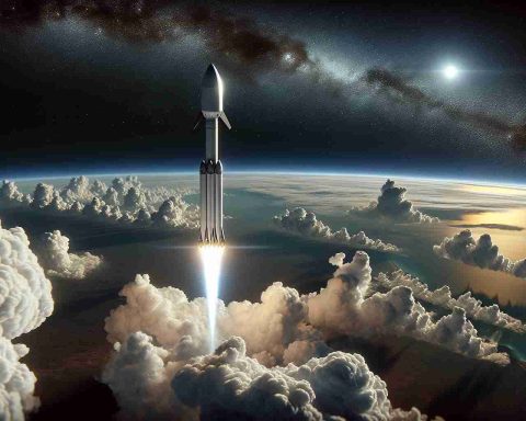 Realistic, high-definition illustration of a hypothetical space scene, featuring a new challenger in the world of space exploration, contributing to competition. The scene shows a high-tech rocket soaring high above the earth's atmosphere, representing a competing company to SpaceX. Masses of clouds billowing from below the launch vehicle, with an open sky full of stars making a splendid backdrop.