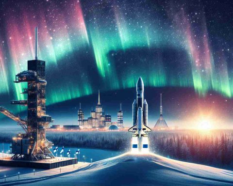 High-definition photo capturing the celebrated moment when Finland steps into the realm of space exploration! This image depicts a symbolic spacecraft poised for launch against a gorgeous Northern Lights backdrop, along with a welcoming futuristic cityscape in Finland, emphasizing astounding new opportunities and horizons in space.