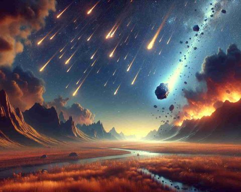 Generate a high-definition, realistic image that captures an astonishing discovery. This scene should depict the unique event of a meteorite falling from the sky, accompanied by a distinct sound. The atmosphere should evoke a sense of wonder and anticipation, as this is a rare celestial occurrence.