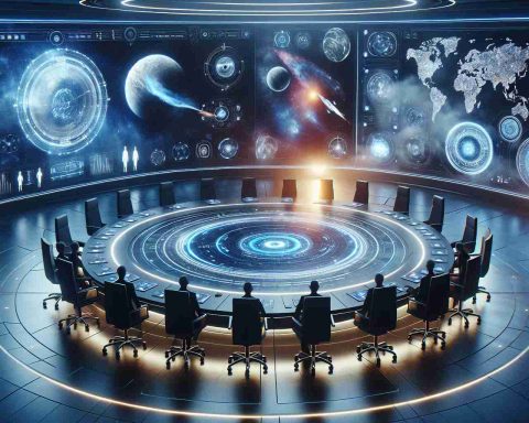 Create a realistic high-definition image that represents the concept of a 'Space Council' presumed to be a key to future dominance. The scene should include a round table encircle with ambiguous silhouettes, symbolizing council members, in an advanced conference room with large display screens showing futuristic space exploration plans, star maps, and innovative technologies. To convey the quest for knowledge and the thread of discovery, include visual cues that evoke a sense of anticipation and mystery - such as unopened doors, light radiating from closed containers or enigmatic symbols.