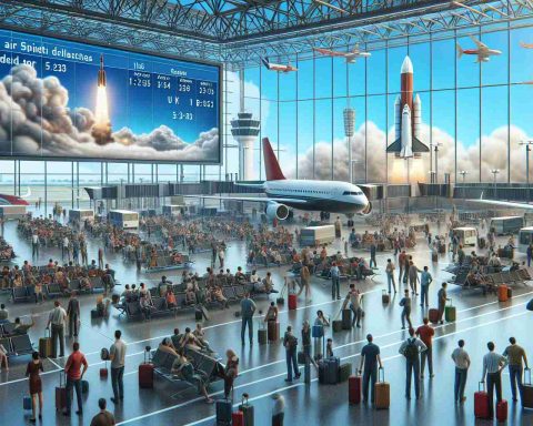 Create an HD image depicting the chaos in an airport caused by flight delays. The cause of these delays being innovative space launches. Visualize crowded terminals, frustrated passengers checking their watches, airplanes grounded on the runways, with the news on airport screens showing a rocket launching in the distant sky. The scene should be set in the day with a clear blue sky allowing clear visibility of the rocket launch.