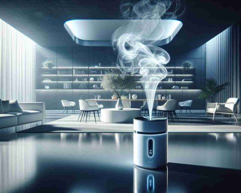 Visualize a dramatic scene showcasing the revolution of air fresheners. Picture this: A sleek, futuristic Ozium air freshener amidst a modern, clean, and open-concept living space. The air freshener, poised alone on a glossy white table, disperses soft tendrils of mist, imbuing the room with its pleasant scent. The environment around it subtly emphasizes its high-tech, innovative function, perhaps with a touch screen display or a holographic interface. Include elements indicative of its smart, environmentally friendly mechanics, like energy-efficient LED indicators or a minimalistic design that suggests it uses less material than traditional models. Picture this in High Definition, focusing on the fine details.