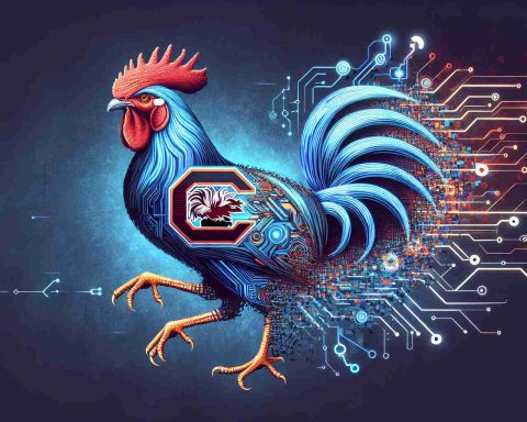 Realistic high-definition illustration of artificial intelligence revolutionizing the symbol of South Carolina Gamecock. This encompasses traditional elements fused with modern technology. Take into account a detailed depiction of an abstract representation of 'AI' drastically changing a rooster, denoting South Carolina Gamecock, either by augmenting its features or projecting futuristic elements on it, visually representing tradition blending with technology.